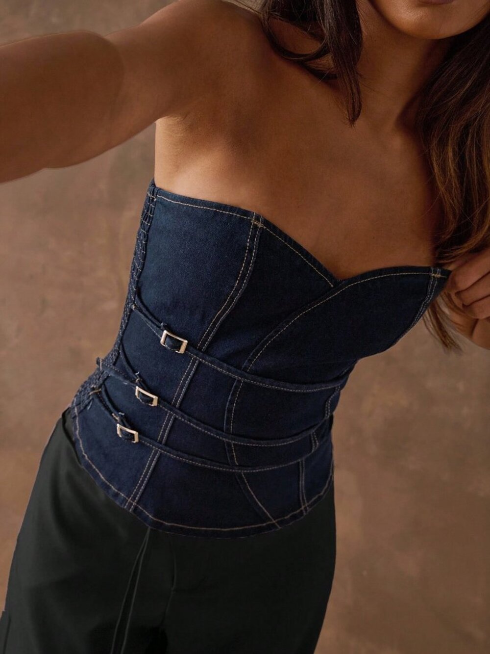 Dark Wash Casual Women's Buckle Design Fitted Denim Tube Top